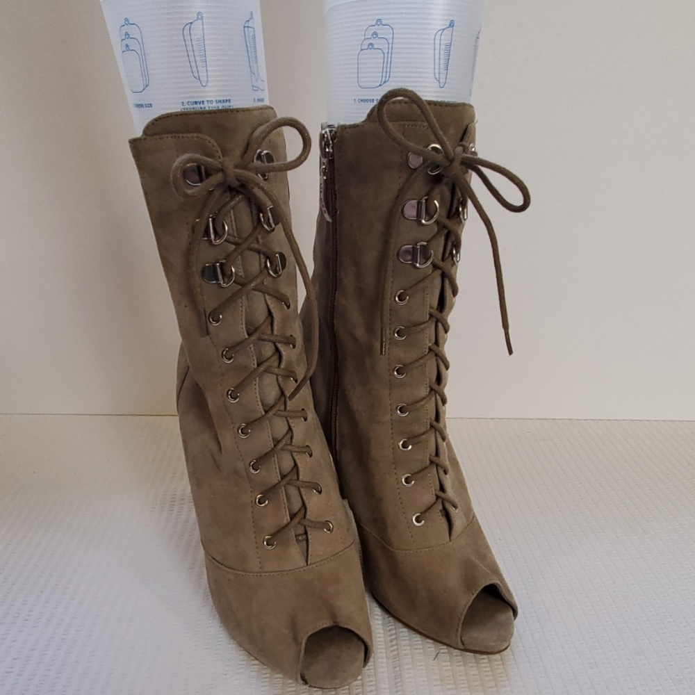 Guess Beige Suede Lace Up Bootie Heels Open Toe